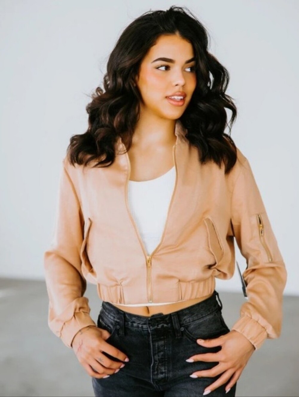 NWT Lovepoem by Block Gianna Satin Bomber Jacket Full Zip rose gold Sz L